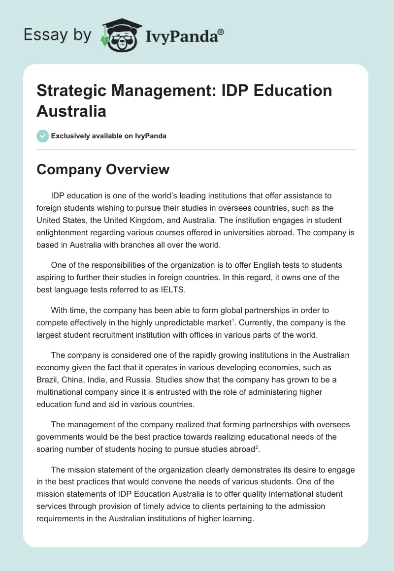 Strategic Management: IDP Education Australia. Page 1