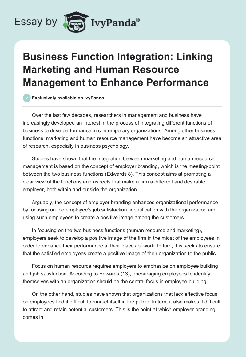 Business Function Integration: Linking Marketing and Human Resource Management to Enhance Performance. Page 1