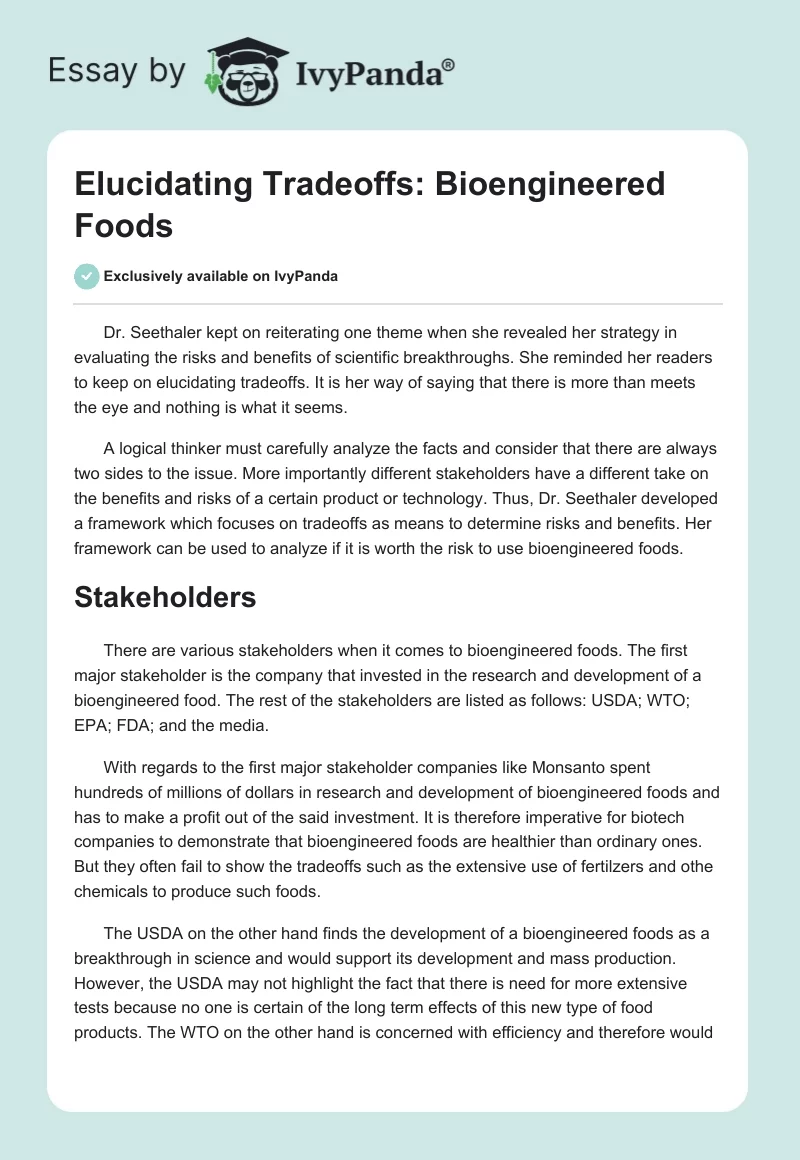 Elucidating Tradeoffs: Bioengineered Foods. Page 1