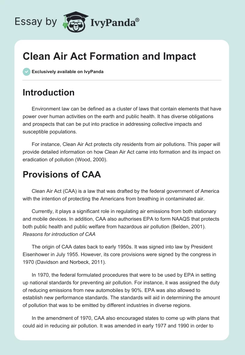 Clean Air Act Formation and Impact. Page 1