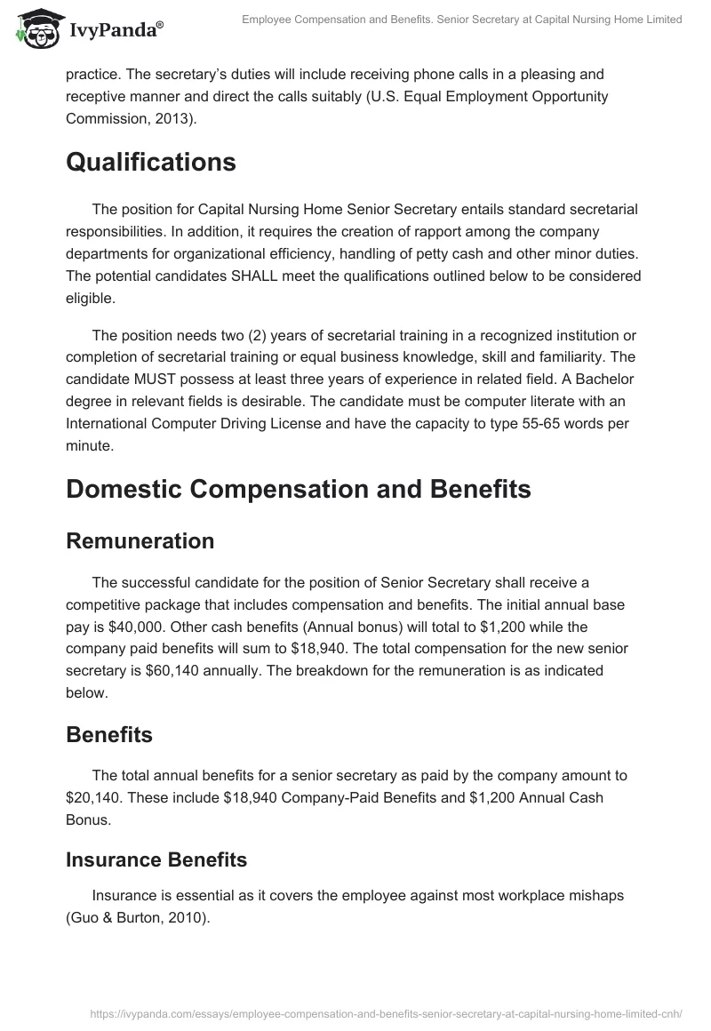 Employee Compensation and Benefits. Senior Secretary at Capital Nursing Home Limited. Page 2