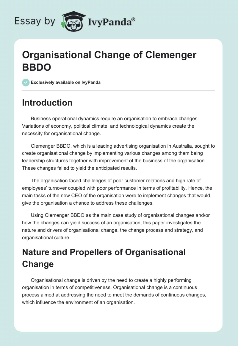 Organisational Change of Clemenger BBDO. Page 1