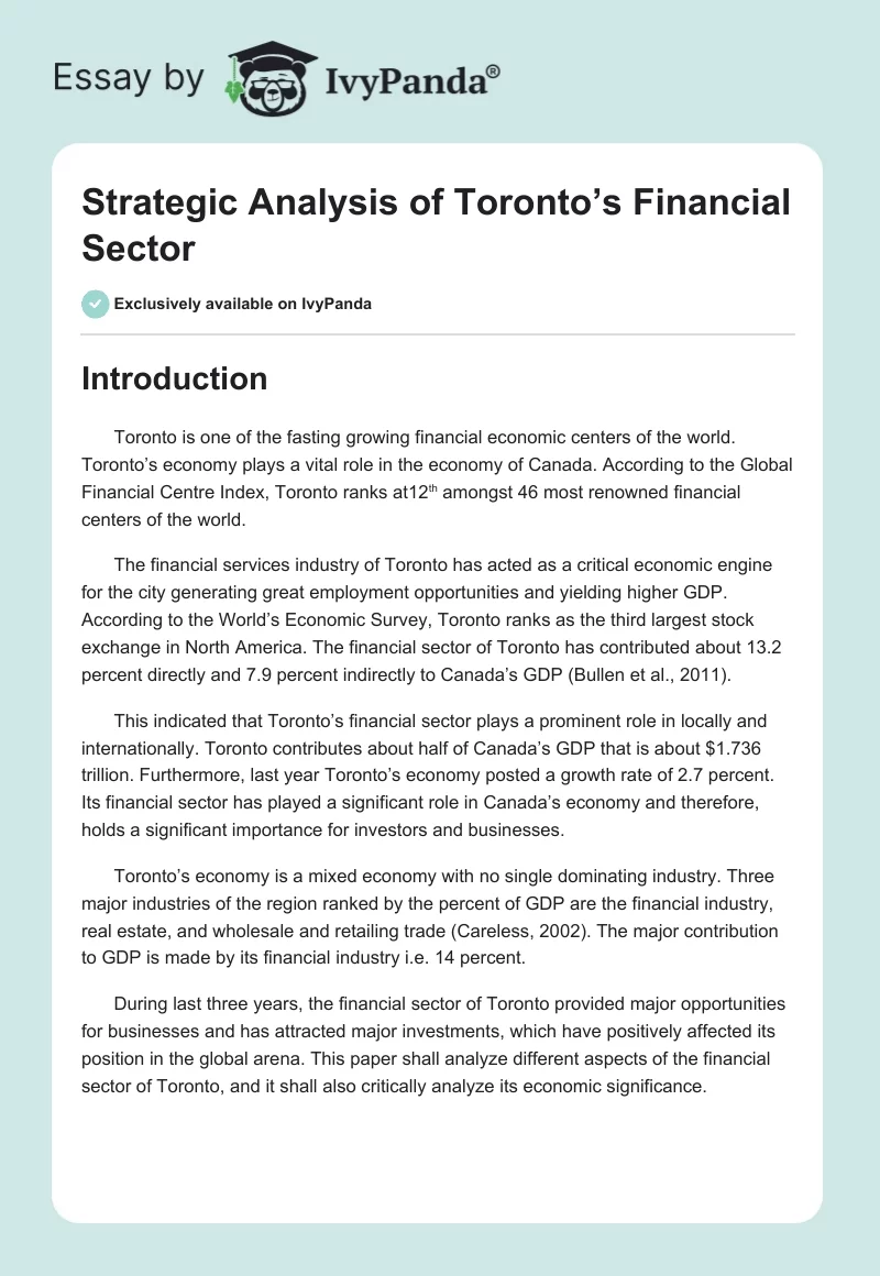 Strategic Analysis of Toronto’s Financial Sector. Page 1