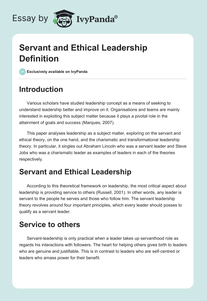 Servant and Ethical Leadership Definition. Page 1