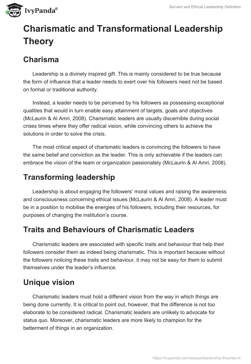 Servant and Ethical Leadership Definition. Page 4