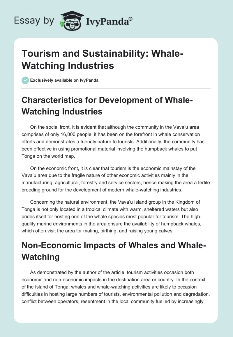Tourism and Sustainability: Whale-Watching Industries. Page 1