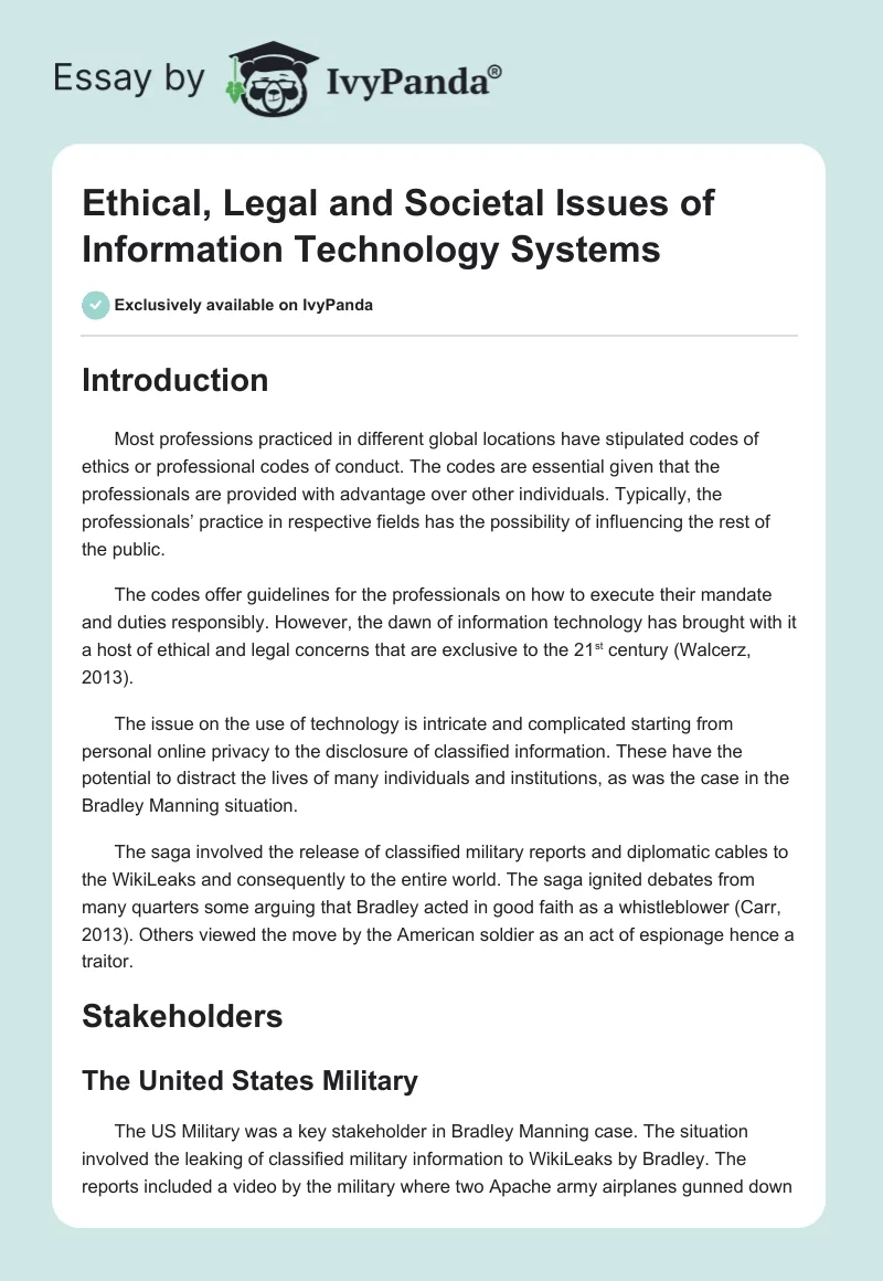 Ethical, Legal and Societal Issues of Information Technology Systems. Page 1