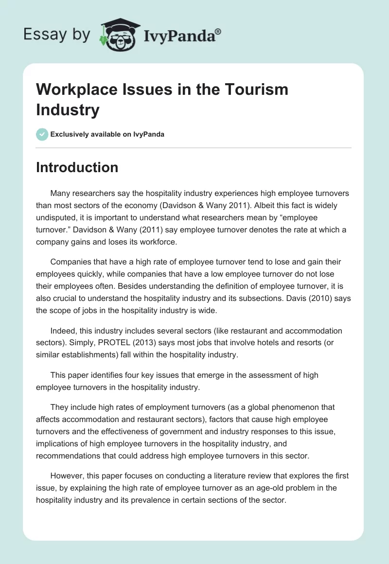 Workplace Issues in the Tourism Industry. Page 1