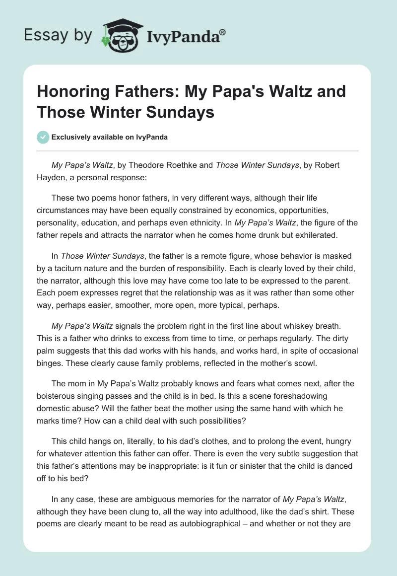 Honoring Fathers: "My Papa's Waltz" and "Those Winter Sundays". Page 1
