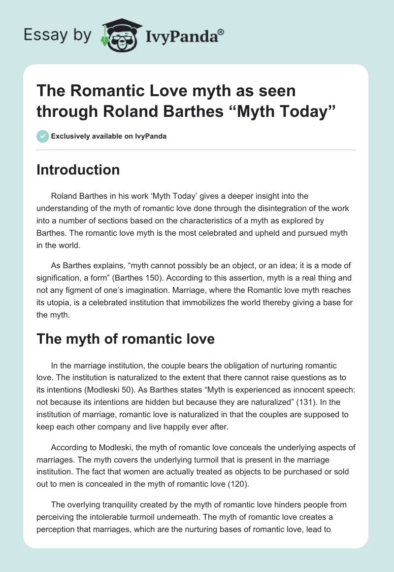 The Romantic Love myth as seen through Roland Barthes “Myth Today”. Page 1