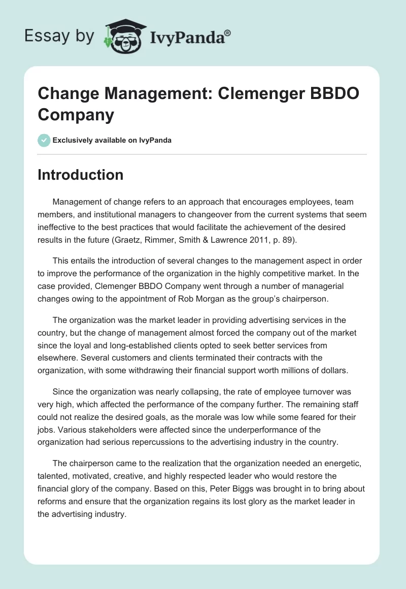 Change Management: Clemenger BBDO Company. Page 1