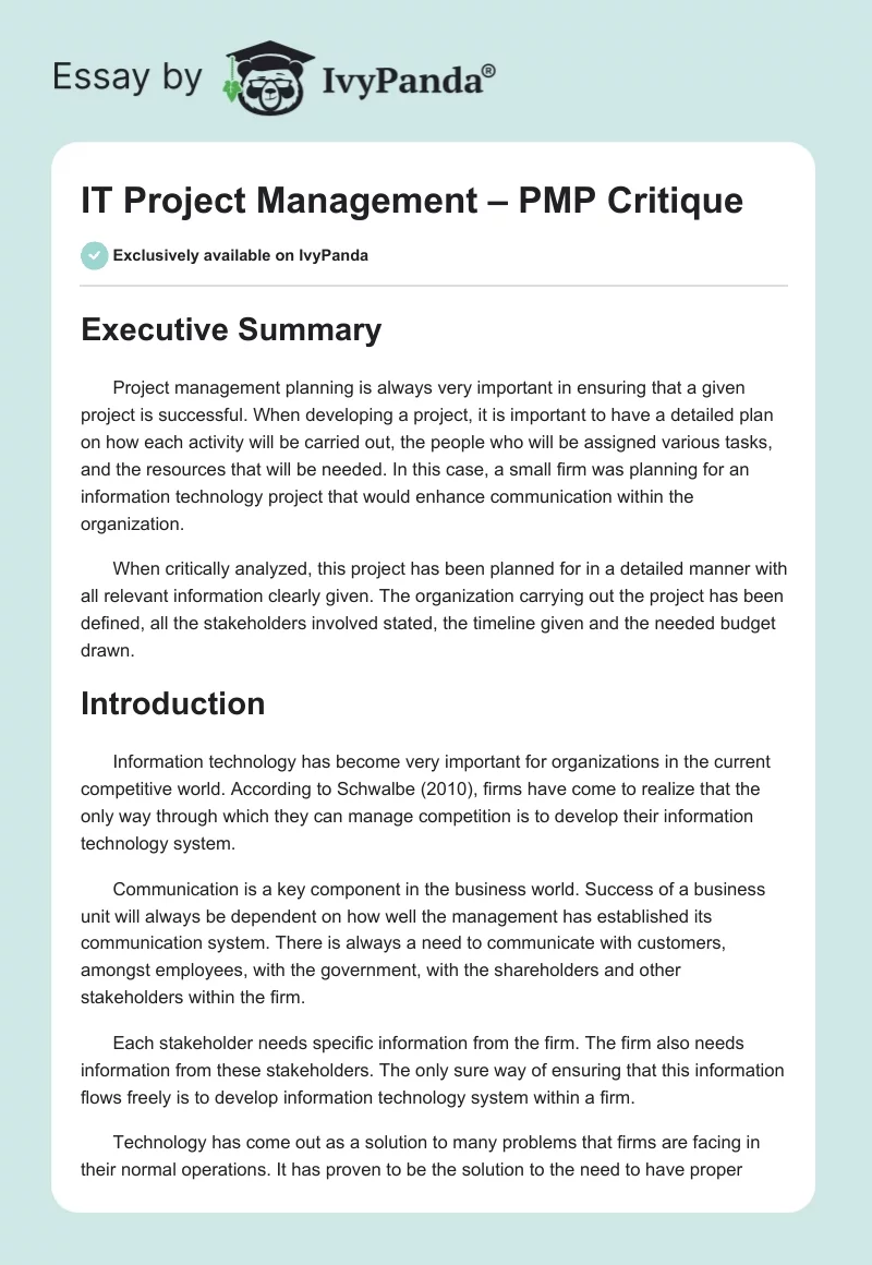 IT Project Management – PMP Critique. Page 1