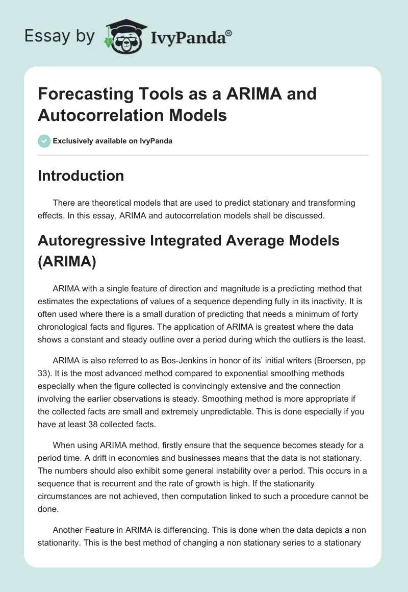 Forecasting Tools as a ARIMA and Autocorrelation Models. Page 1