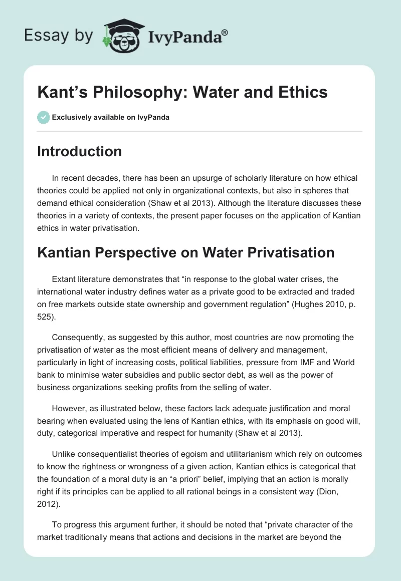Kant’s Philosophy: Water and Ethics. Page 1