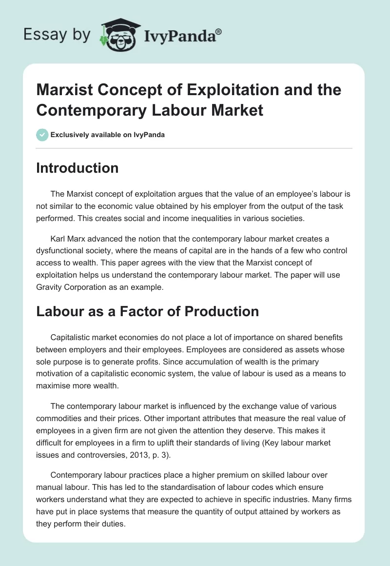 Marxist Concept of Exploitation and the Contemporary Labour Market. Page 1