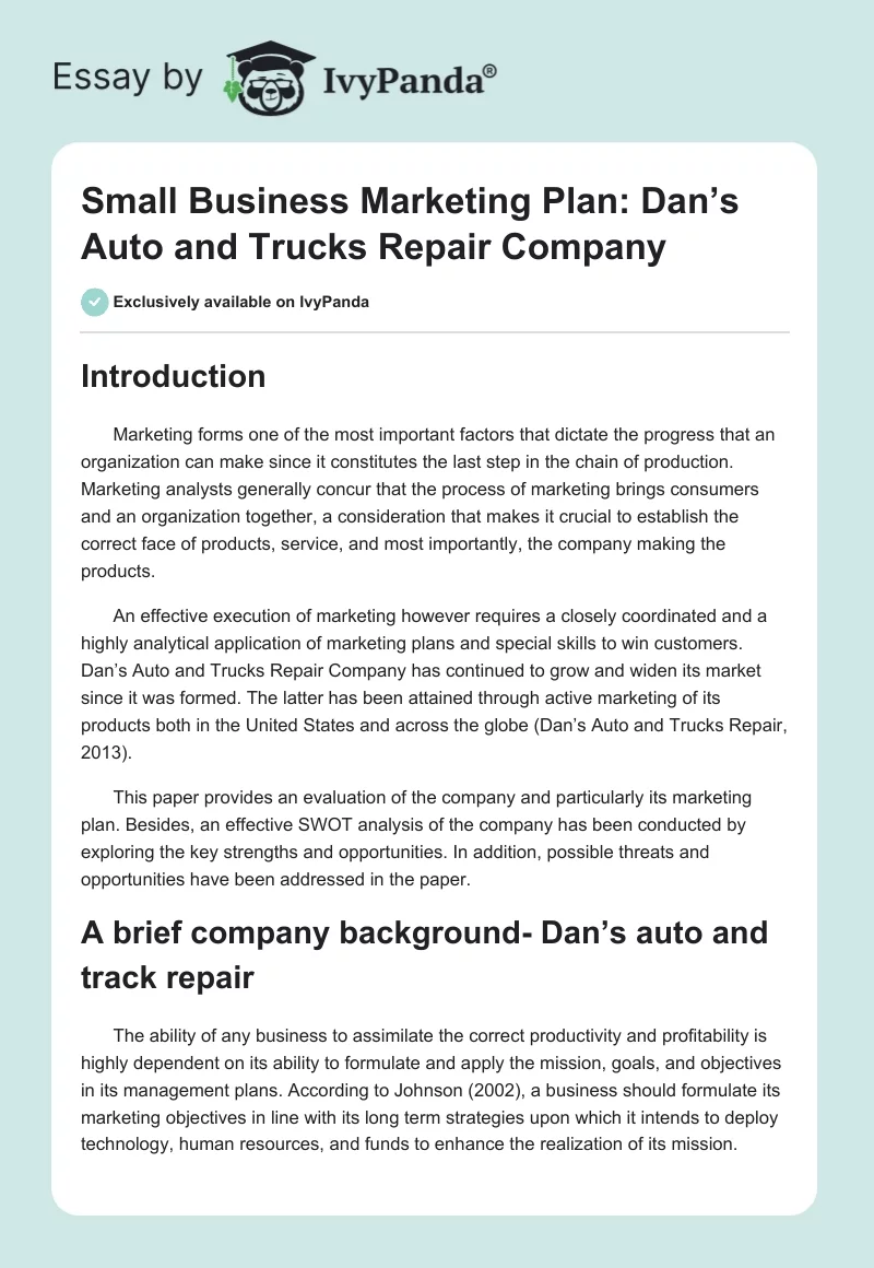 Small Business Marketing Plan: Dan’s Auto and Trucks Repair Company. Page 1