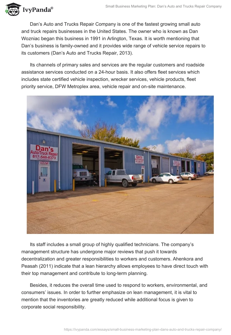 Small Business Marketing Plan: Dan’s Auto and Trucks Repair Company. Page 2