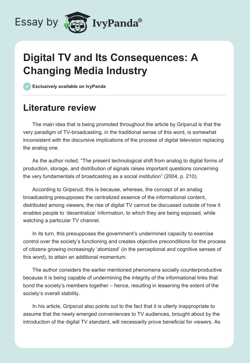 Digital TV and Its Consequences: A Changing Media Industry. Page 1