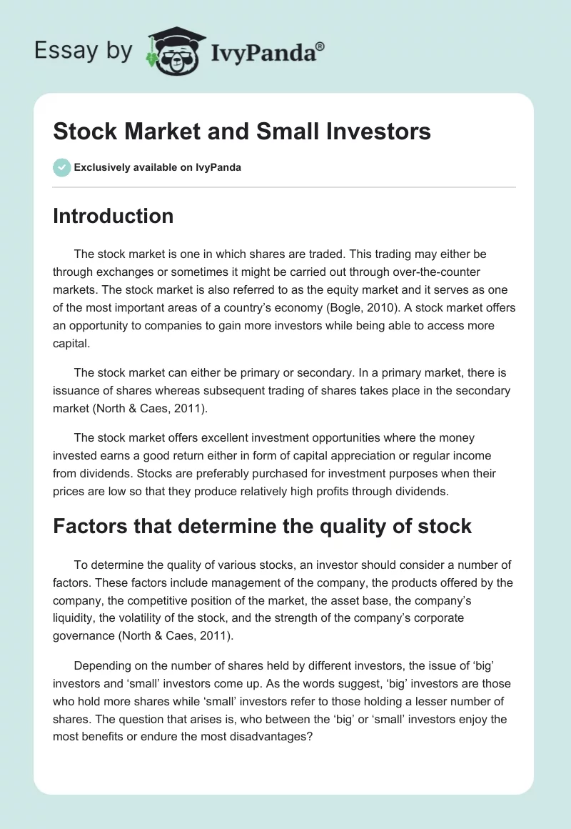 Stock Market and Small Investors. Page 1