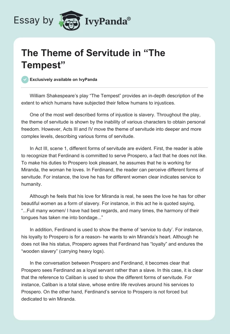 The Theme of Servitude in “The Tempest”. Page 1