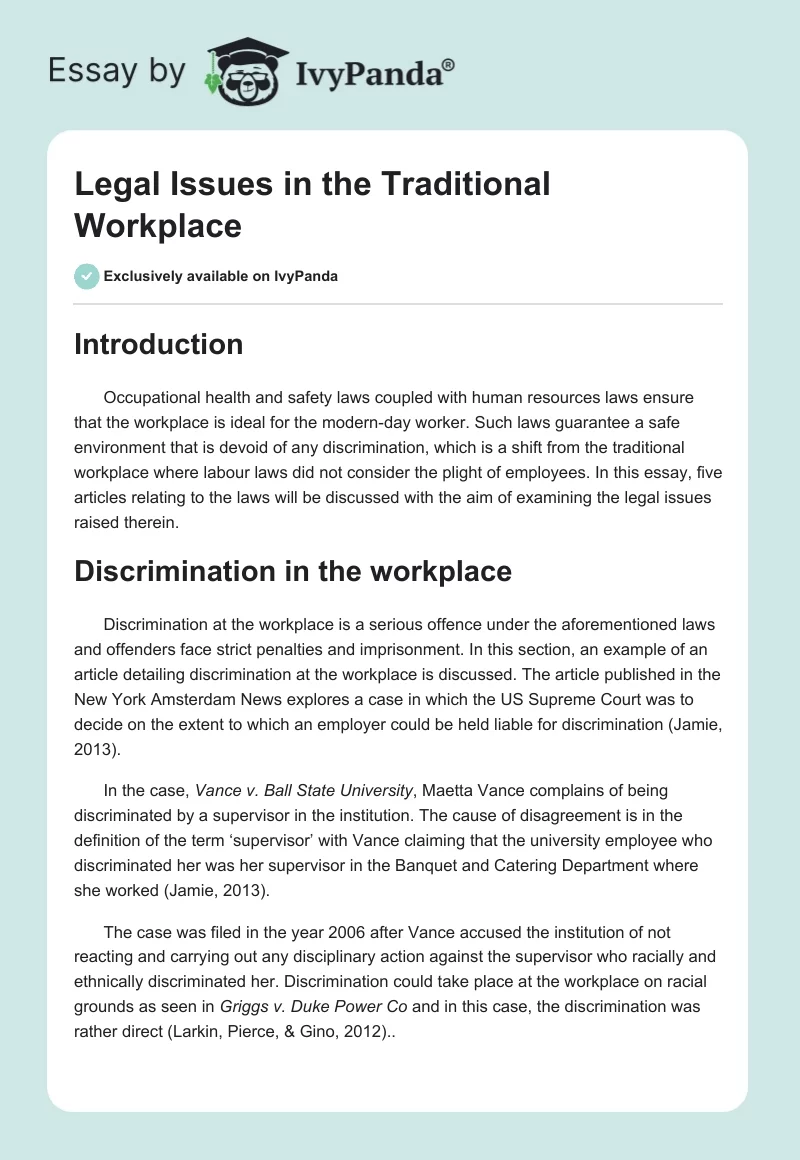 Legal Issues in the Traditional Workplace. Page 1