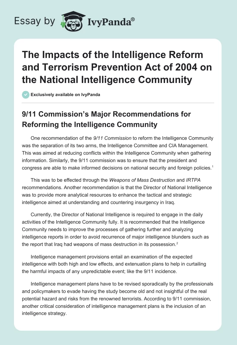 The Impacts of the Intelligence Reform and Terrorism Prevention Act of 2004 on the National Intelligence Community. Page 1