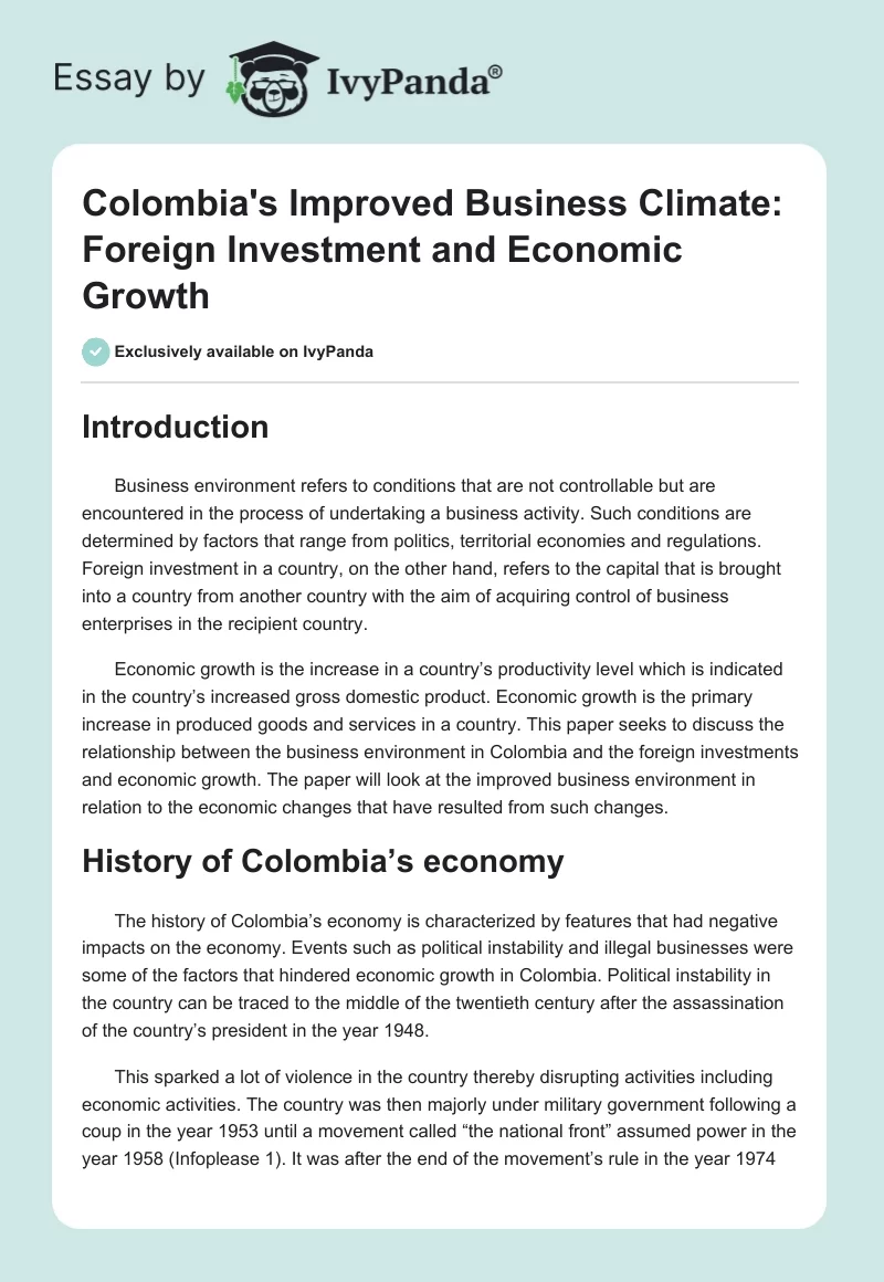 Colombia's Improved Business Climate: Foreign Investment and Economic Growth. Page 1