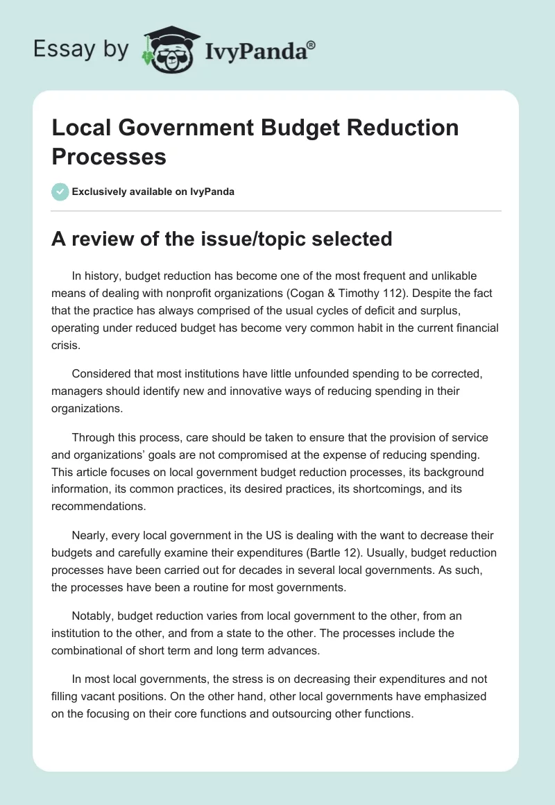 Local Government Budget Reduction Processes. Page 1