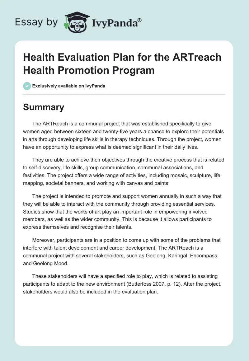 Health Evaluation Plan for the ARTreach Health Promotion Program. Page 1