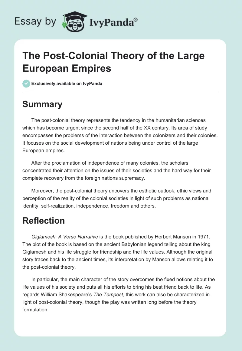 The Post-Colonial Theory of the Large European Empires. Page 1