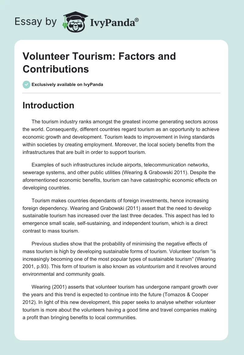 Volunteer Tourism: Factors and Contributions. Page 1