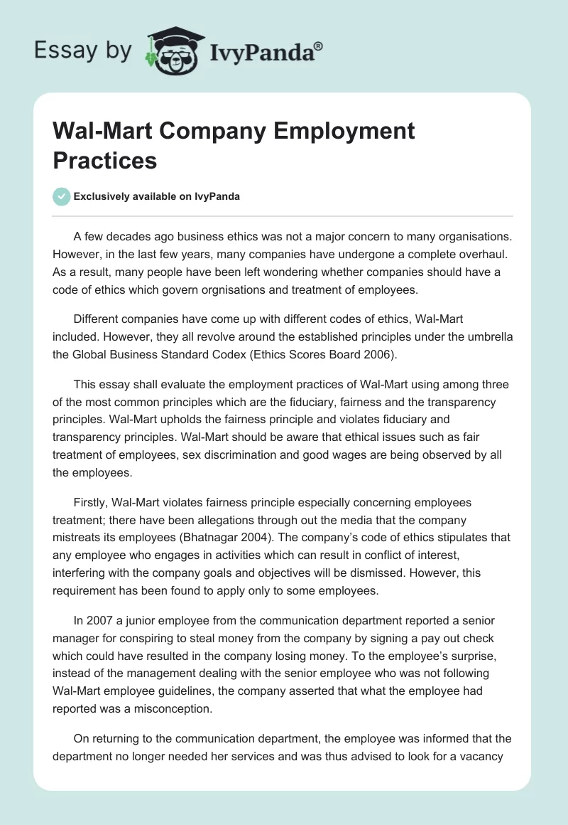 Wal-Mart Company Employment Practices. Page 1