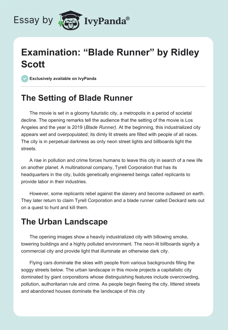 Examination: “Blade Runner” by Ridley Scott. Page 1