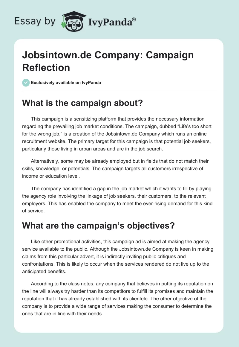 Jobsintown.de Company: Campaign Reflection. Page 1