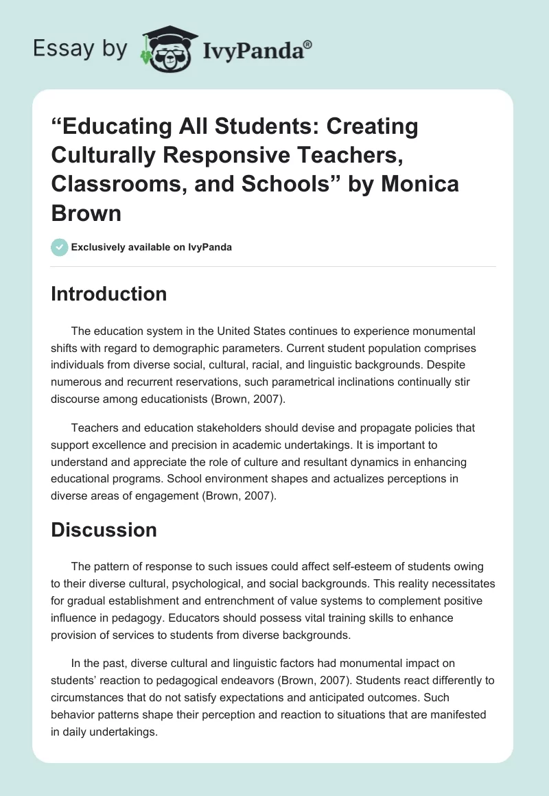“Educating All Students: Creating Culturally Responsive Teachers, Classrooms, and Schools” by Monica Brown. Page 1