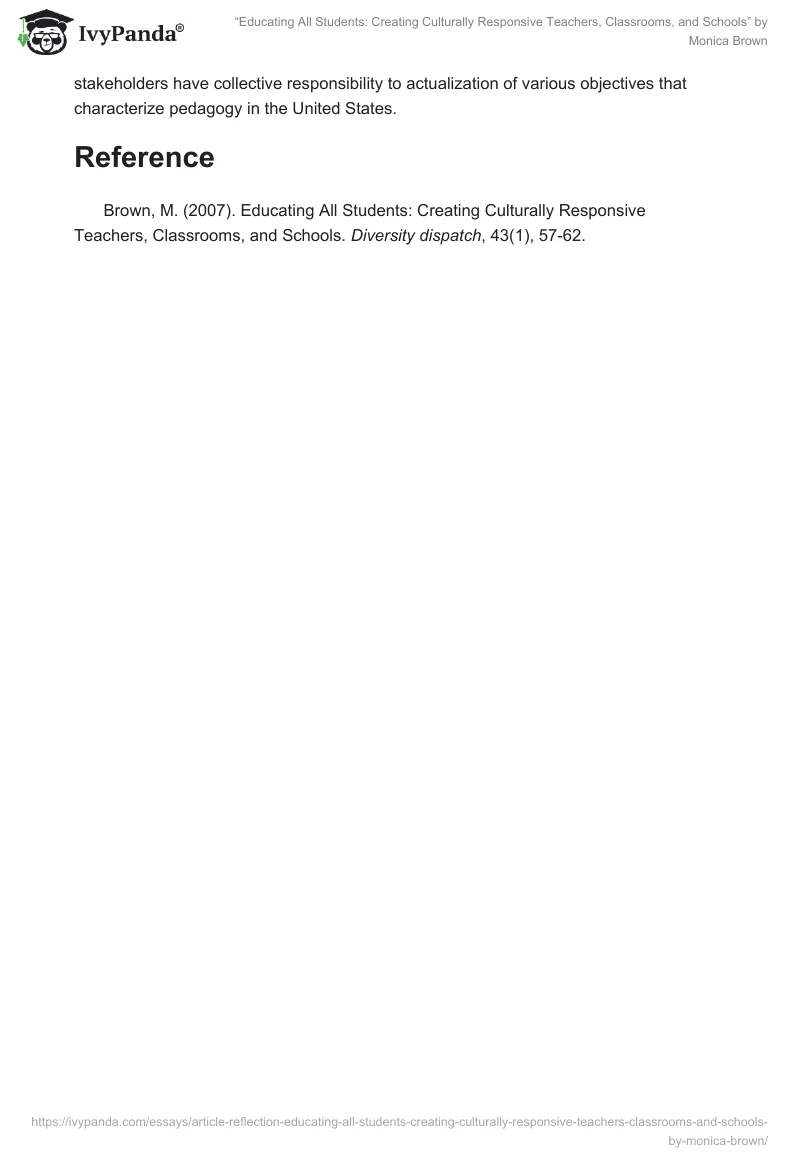 “Educating All Students: Creating Culturally Responsive Teachers, Classrooms, and Schools” by Monica Brown. Page 3