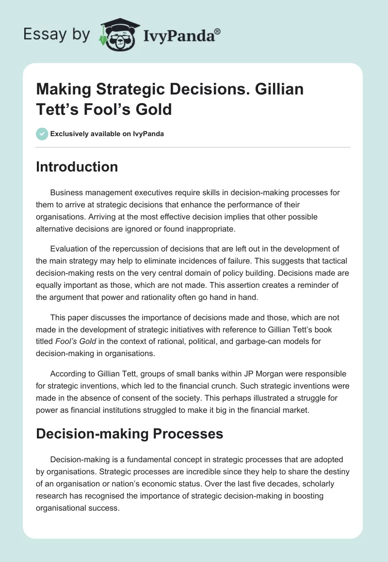 Making Strategic Decisions. Gillian Tett’s "Fool’s Gold". Page 1