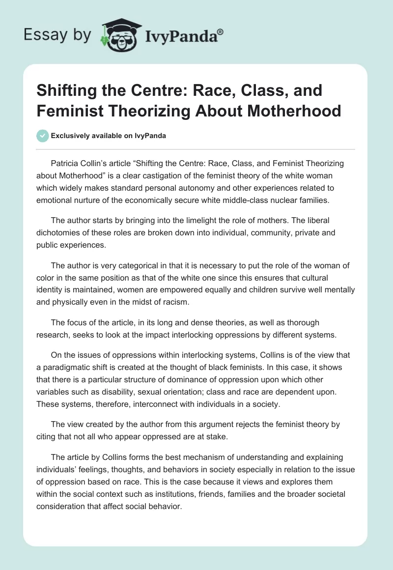 Shifting the Centre: Race, Class, and Feminist Theorizing About Motherhood. Page 1