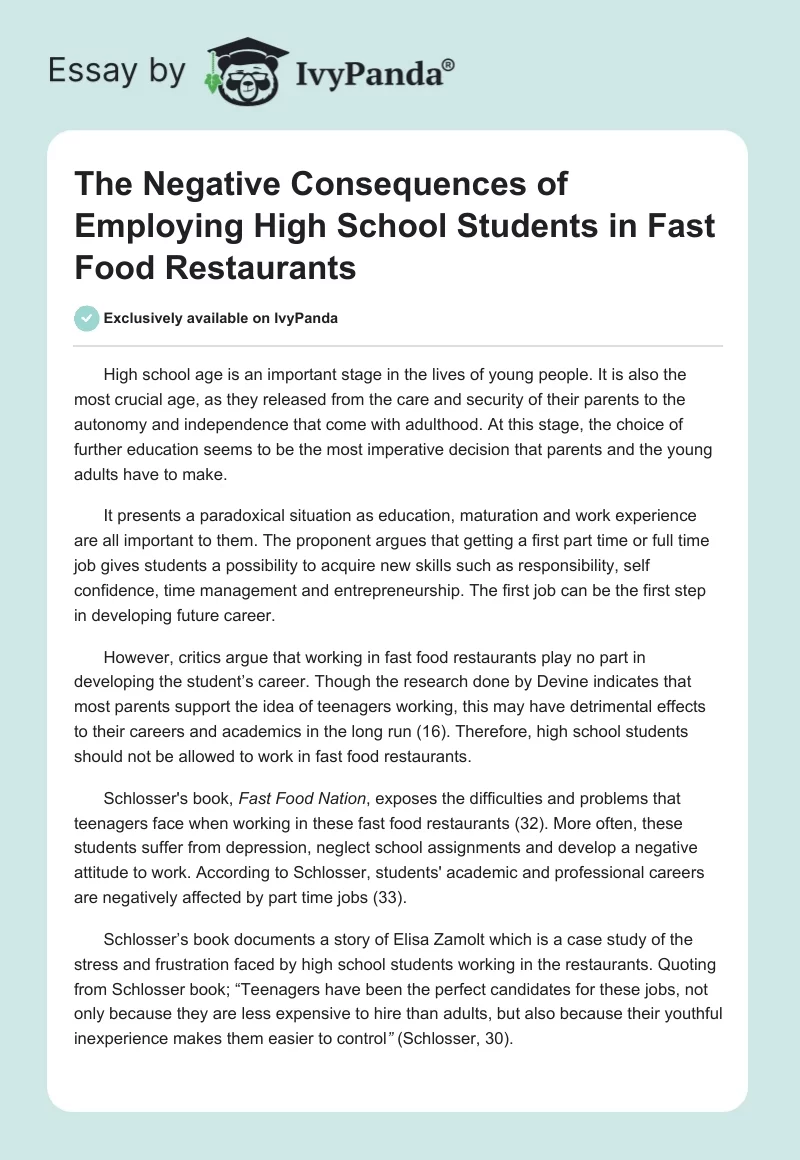 The Negative Consequences of Employing High School Students in Fast Food Restaurants. Page 1