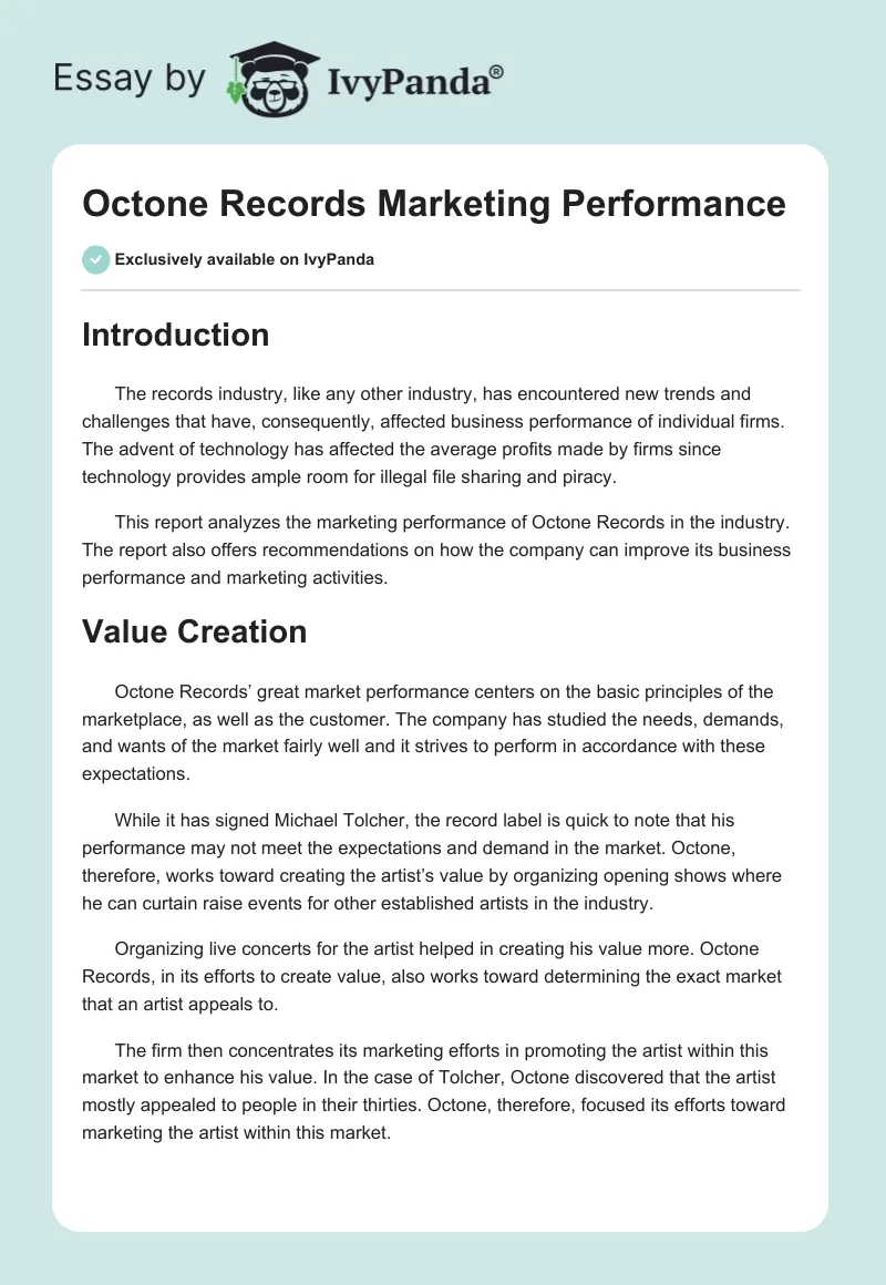 Octone Records Marketing Performance. Page 1