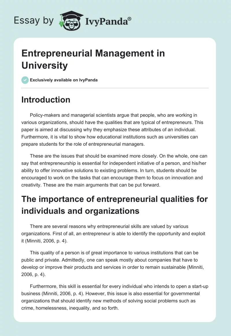 Entrepreneurial Management in University. Page 1