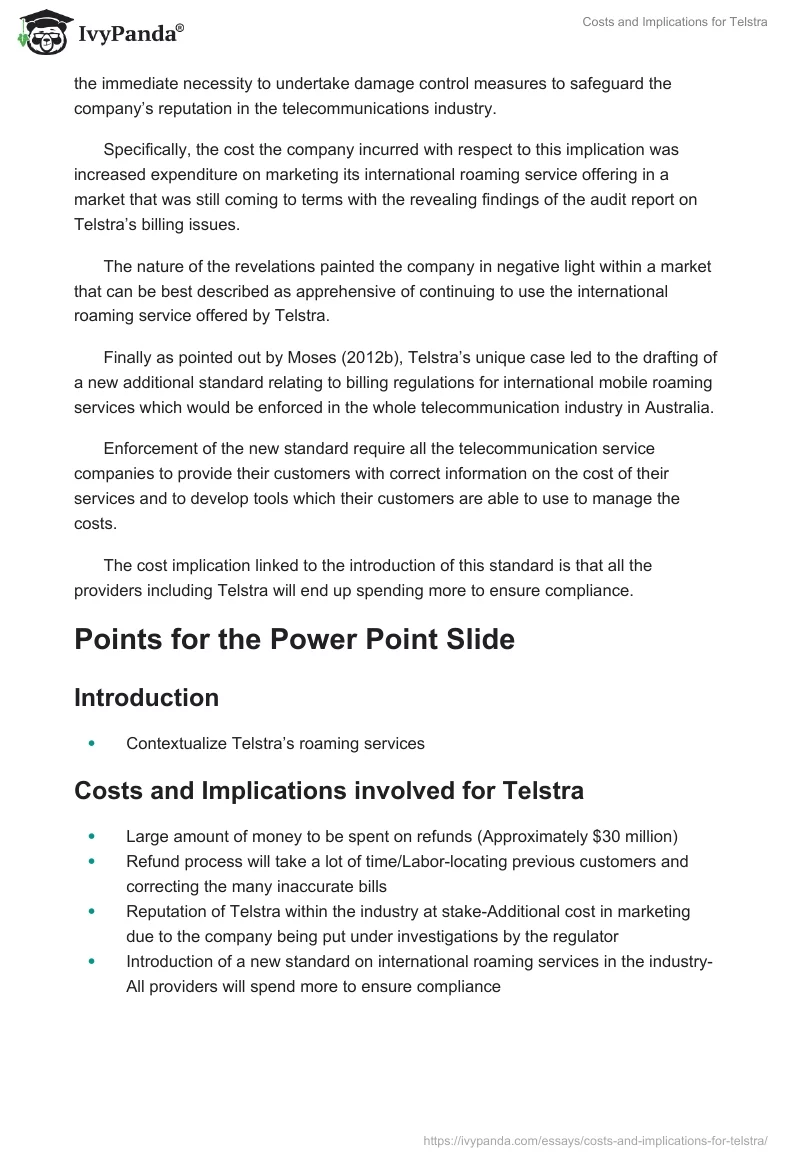 Costs and Implications for Telstra. Page 2