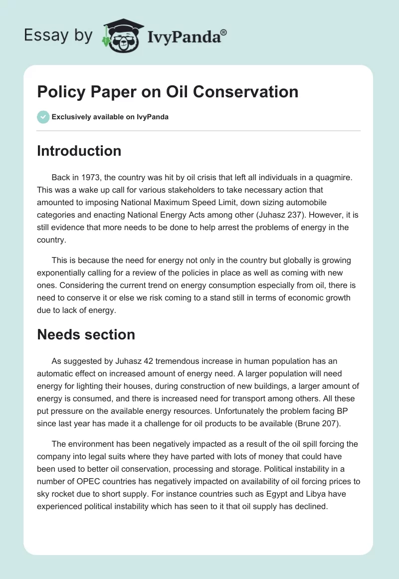 Policy Paper on Oil Conservation. Page 1