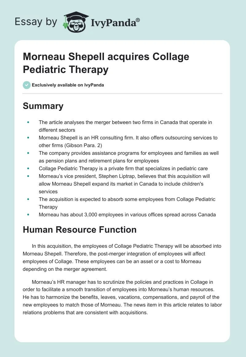 Morneau Shepell Acquires Collage Pediatric Therapy. Page 1