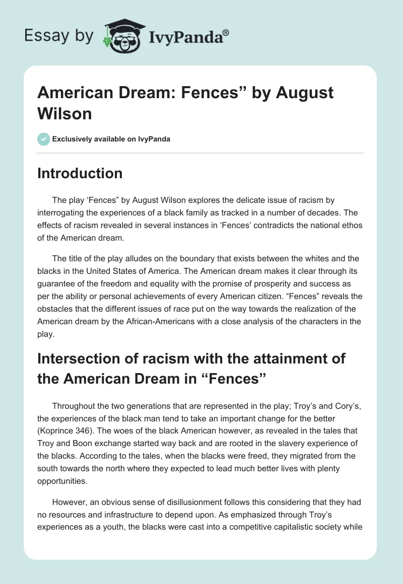 American Dream: "Fences” by August Wilson. Page 1