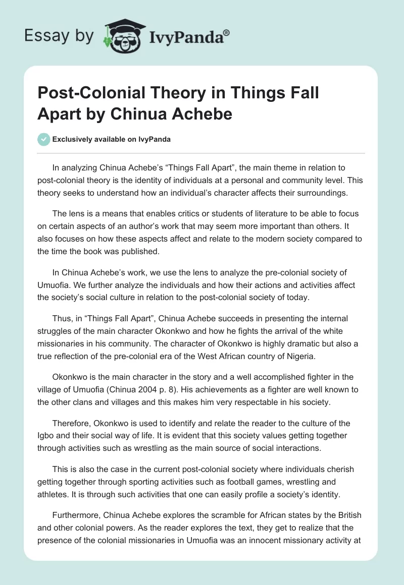Post-Colonial Theory in Things Fall Apart by Chinua Achebe. Page 1
