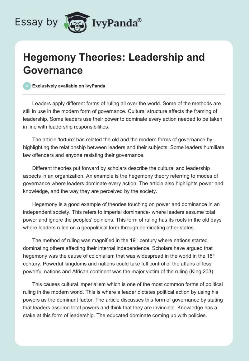 Hegemony Theories: Leadership and Governance. Page 1