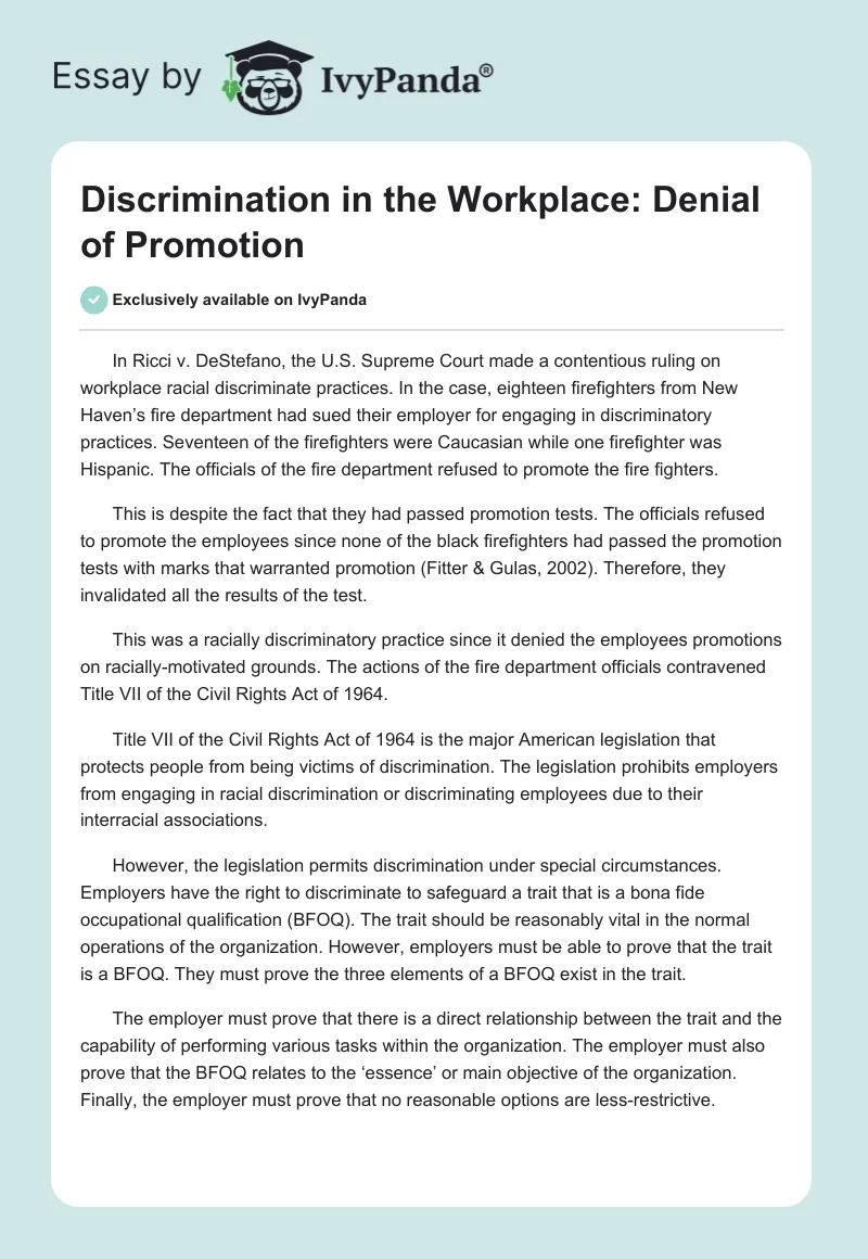 Discrimination in the Workplace: Denial of Promotion. Page 1