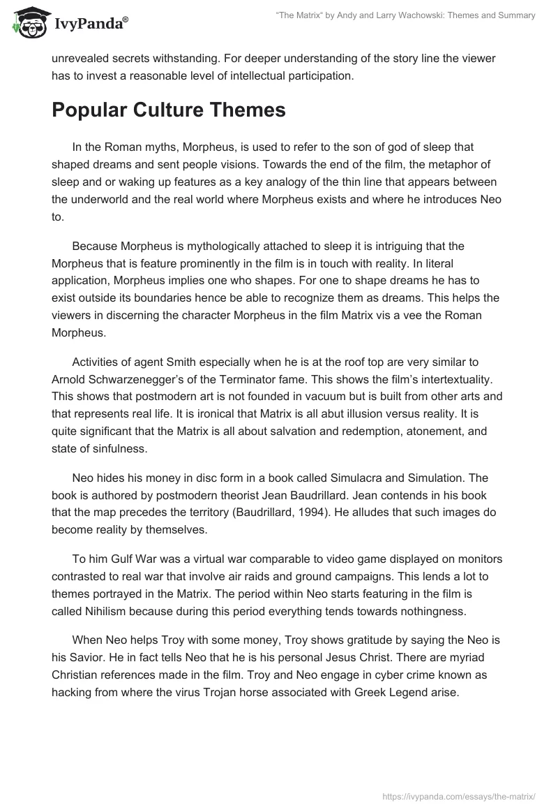 “The Matrix“ by Andy and Larry Wachowski: Themes and Summary. Page 2