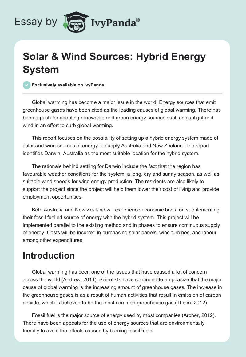 Solar & Wind Sources: Hybrid Energy System. Page 1